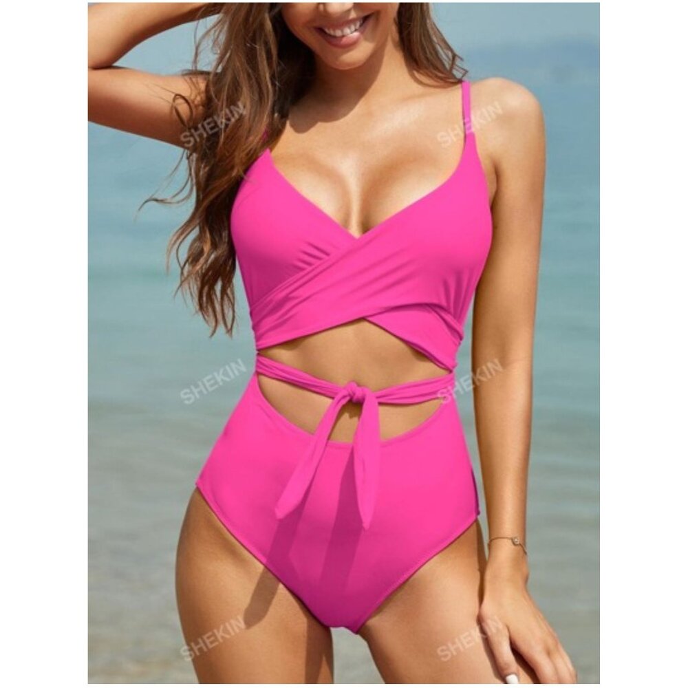 Hot Pink Wrap Style One-Piece Swimsuit  Adjustable Spaghetti Straps Tie‎ Fron L